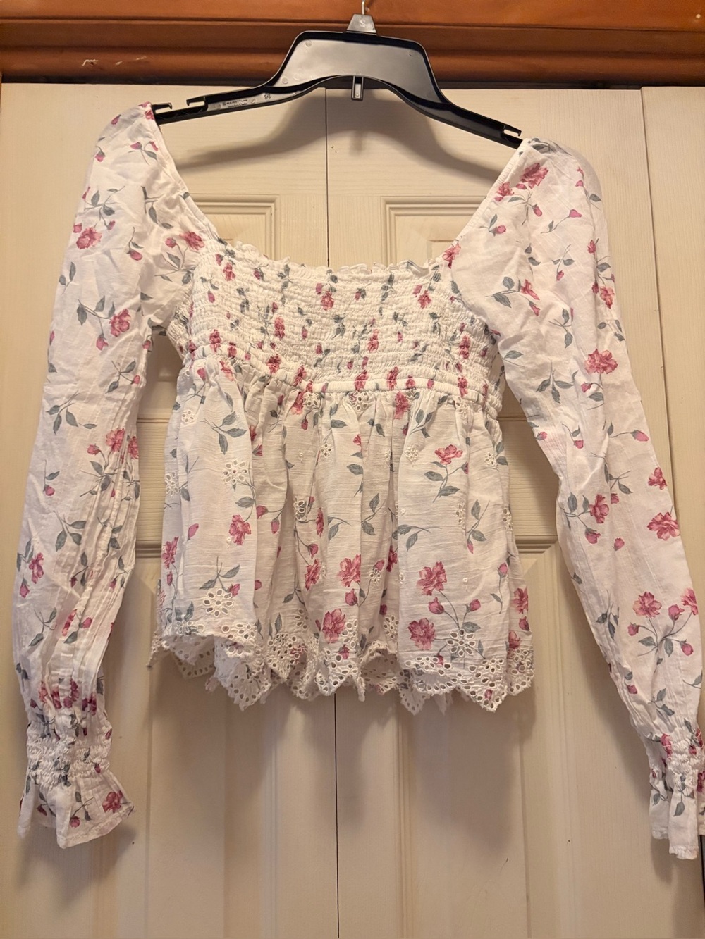 American Eagle Outfitters White Floral Smocked Square-Neck Blouse